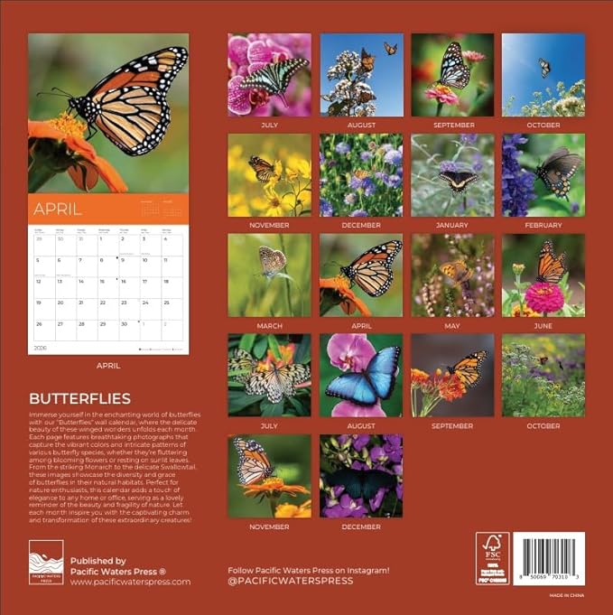 Butterflies Wall Calendar 2026 | 12" x 24" Open | Giftable Nature Calendar 2026 | Thick & Sturdy Paper for Organizing & Planning | Pacific Waters Press (Butterflies)