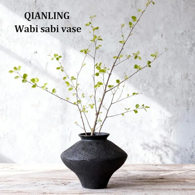 Wabi Sabi Vintage Black Vase, 6.1" Tall Wabi Sabi Decor Rustic Farmhouse Pottery Vase for Centerpiece, Textured Pottery Flower Vases for Home Decorative, Table, Living Room, Bedroom, Bathroom, Kitchen