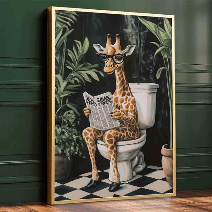 Giraffe Bathroom Wall Art Funny Giraffe Wall Art Funny Animal Reading Poster Unique Animal Paintings Green Plants Painting Tropical Rainforest Pictures Bathroom Living Room Decor 16x24inch No Frame