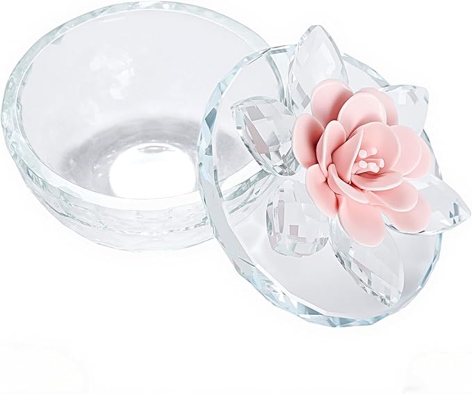 Crystal Jewelry Box, Small Glass Trinket Jar with Lid, Clear Lotus Flower Storage Holder for Women, Elegant Organizer Dish for Ring, Earrings, Necklace, Gift (Pink Flower)