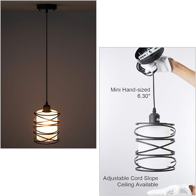 Modern Mini Pendant Light Fixture Kitchen Island Pendant Lighting 6.30''Matte Black Spiral Cage and Handblown Frosted Haze Glass Shade Hanging Lamp Adjustable Cord for Dining Room 1 Pack