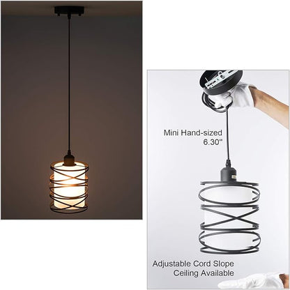 Modern Mini Pendant Light Fixture Kitchen Island Pendant Lighting 6.30''Matte Black Spiral Cage and Handblown Frosted Haze Glass Shade Hanging Lamp Adjustable Cord for Dining Room 1 Pack
