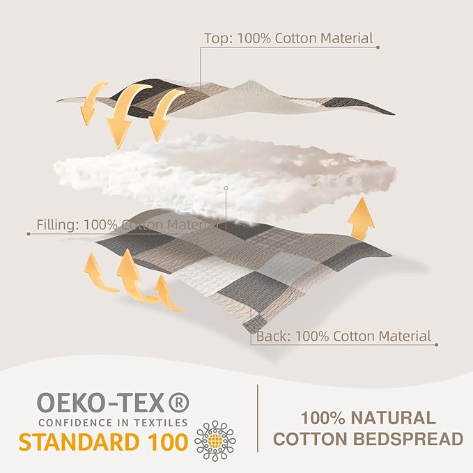 EWlinens 100% Cotton 120"x128" Oversized California King Bedspread - Reversible Patchwork Plaid Extra Large Quilt Bedding Set, Cal King Bedspreads Coverlet Set, Lightweight Quilts, 3pcs, Brown/Beige