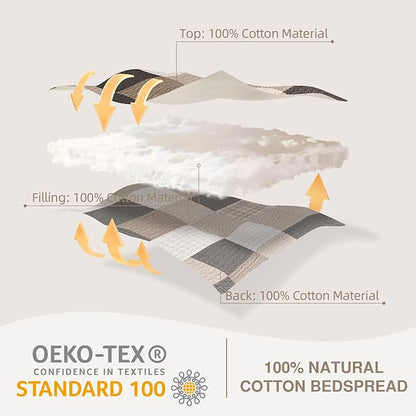 EWlinens 100% Cotton 120"x120" Oversized California King Bedspread - Reversible Patchwork Plaid Extra Large Quilt Bedding Set, King Bedspreads Coverlet Set, Lightweight Cozy Quilts, 3pcs, Brown/Beige