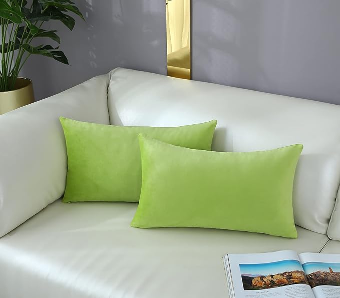 mixeoo Comfy Lime Green Throw Pillow Covers Decorative Lumbar Solid Rectangle Thick Velvet Super Soft Cushion Cases Home Decor for Sofa Couch Living Room Chair, Set of 2, 12 x 20 Inch