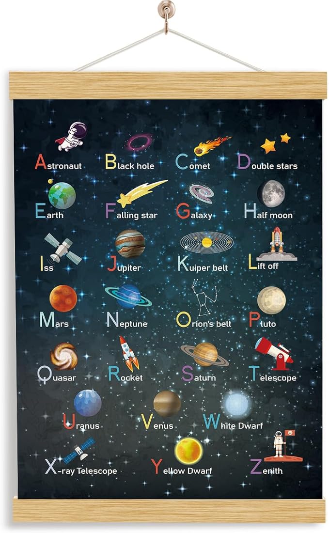 YGSDZY Alphabet Space Poster Wood Hanging, Canvas Aesthetic for Kid Room, Boys Bedroom Wall Decoration, Playroom Decors, ABC Alphabet Learning Hanging Poster for Home Classroom Decor, 11.8 * 15.7