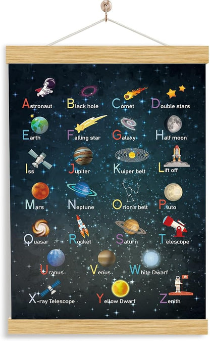 YGSDZY Alphabet Space Poster Wood Hanging, Canvas Aesthetic for Kid Room, Boys Bedroom Wall Decoration, Playroom Decors, ABC Alphabet Learning Hanging Poster for Home Classroom Decor, 11.8 * 15.7