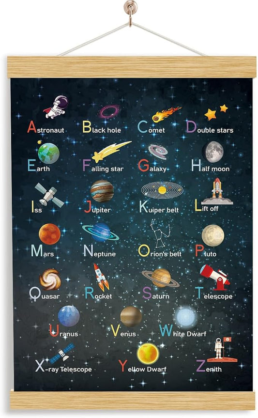 YGSDZY Alphabet Space Poster Wood Hanging, Canvas Aesthetic for Kid Room, Boys Bedroom Wall Decoration, Playroom Decors, ABC Alphabet Learning Hanging Poster for Home Classroom Decor, 11.8 * 15.7