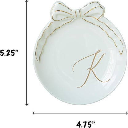 COLLECTIVE HOME - Personalized Initial Ceramic Jewelry Tray with Bow, Christmas Gift Ideas for Women, Small Gift for Girlfriend Wife, Ring Holder, Earrings Dish, Birthday Gift for Her (K)