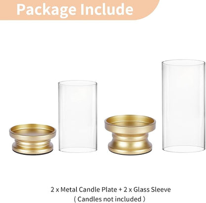 NUPTIO Hurricane Candle Holder Gold: Pillar Candle Holders with Clear Glass Sleeve - Set of 2 Decorative Brass Metal Pillars Stand for Dining Table Centerpiece Shelf Fireplace Mantel Decor