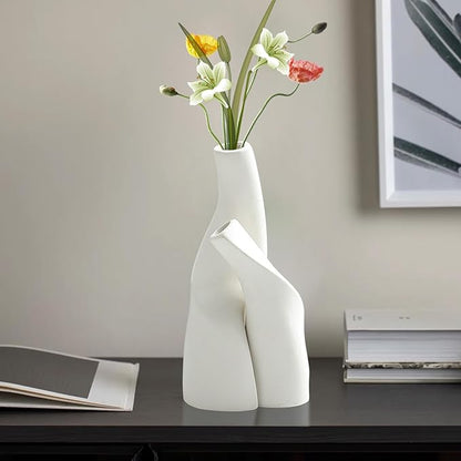 Irregular Circular Cross Ceramic Vase Set,Modern Minimalist Abstract Art Flower Vase for Home Decor,Decorative Small Bud Vase for Home Office Shelf Decor(White)