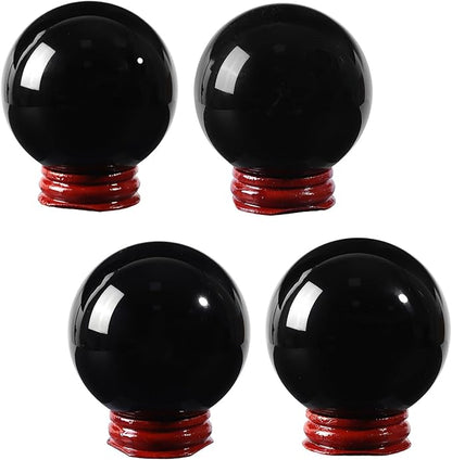 50mm Natural Black Obsidian Stone Sphere with Wooden Stand, Polished Crystal Ball Decoration for Home & Office