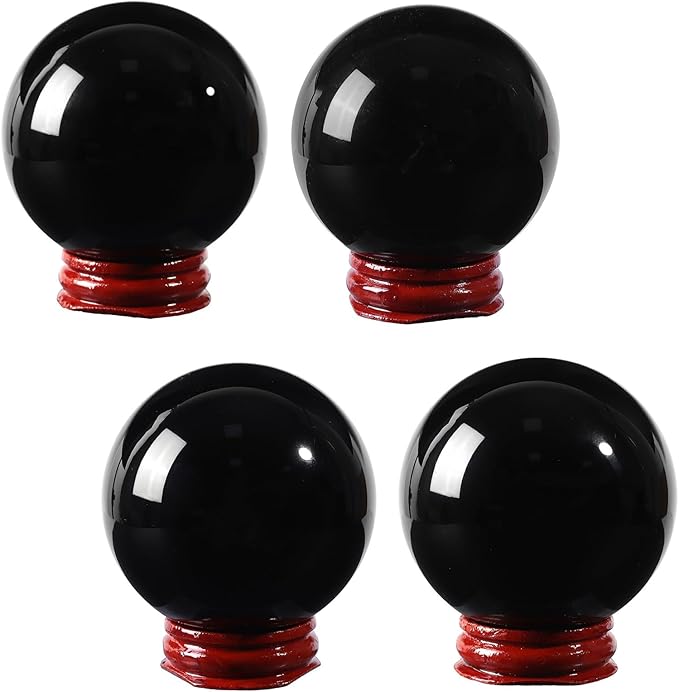 Sportmusies Natural Black Obsidian Stone Sphere with Wooden Stand, Polished Crystal Ball Decoration for Home & Office