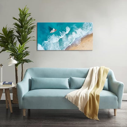 Goldfoilart Blue Ocean Sea Beach Canvas Wall Art Sailboat Painting Print on Canvas Seascape Pictures for Home Decor Living Room Bedroom Office Artwork Ready to Hang - 20"x40"