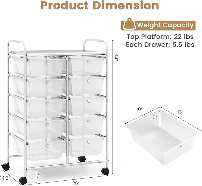 HAPPYGRILL 10-Drawer Rolling Storage Cart, Storage Organizer Cart with Lockable Wheels, Beauty Salon Movable Utility Cart for School, Office, Home, (Clear)