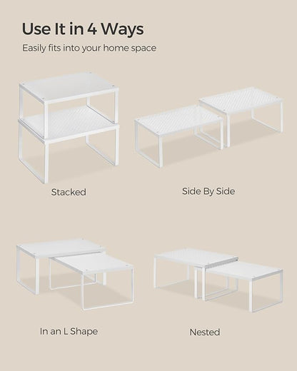 SONGMICS Spice Racks, Set of 4 Metal Cabinet Shelf Organizers, Countertop Organizers, Shelf Risers, Stackable, Expandable, White UKCS006W01