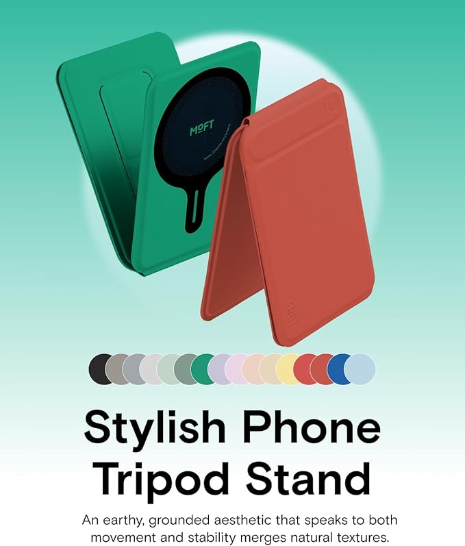 MOFT Phone Tripod Stand Selfie Stick for iPhone, Multi-Angles iPhone Stand, Lightweight & Portable Phone Holder, Strong Magnets, MOVAS Vegan Leather, Travel Essentials, Oz Green (Without Card Slot)