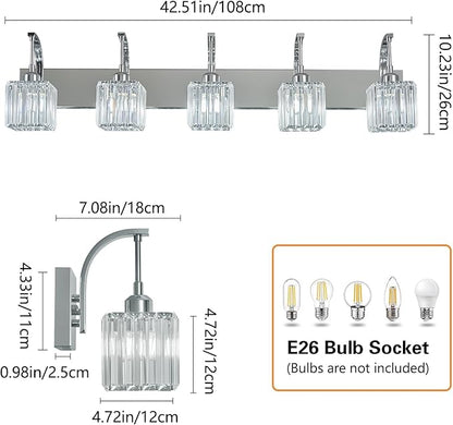 Crystal Vanity Lights 5-Light Chrome Bathroom Vanity Lights Modern Crystal Bathroom Light Fixtures Over Mirror 42.51" Long Vanity Light for Bathroom