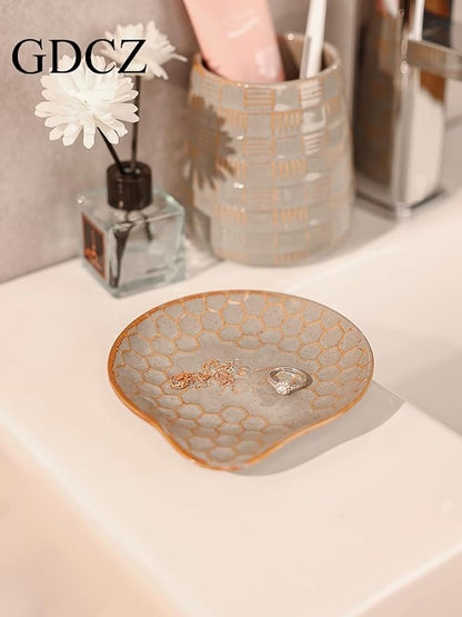 GDCZ Ceramic Jewelry Tray, 5.3" Decorative Dish, Personalized Jewelry Trays Tray with Pattern, Gifts for Friends, Sisters and Women,Set of 2 (Grey)