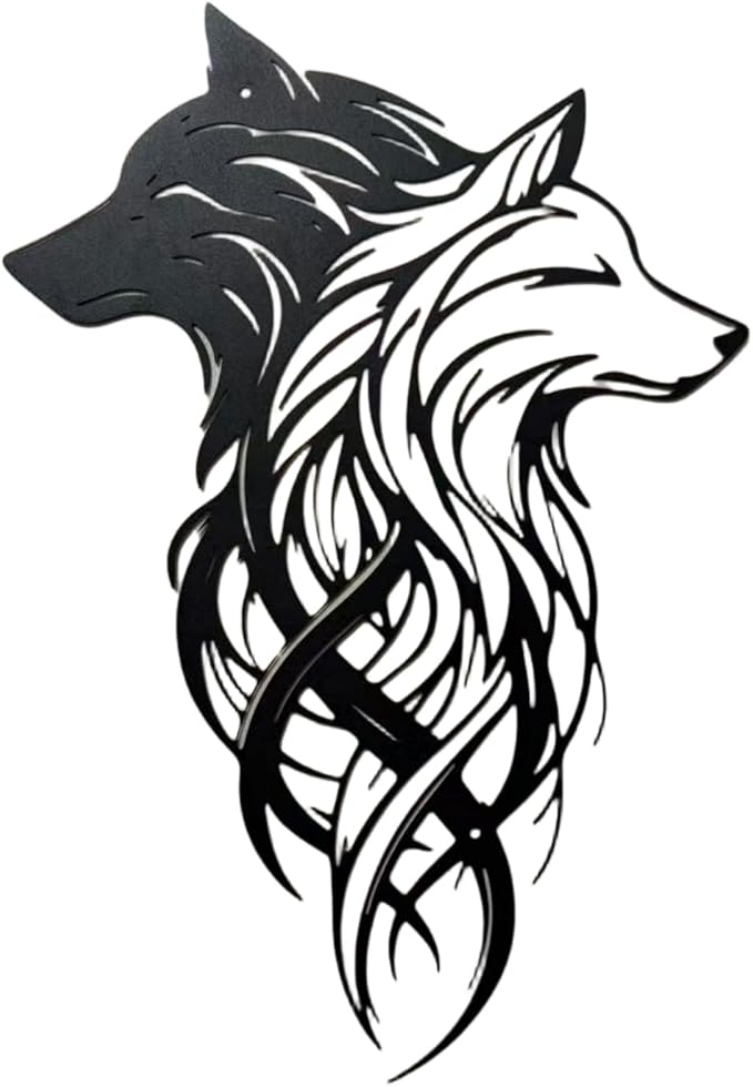 Metal Wolf Wall Art - Yin Yang Black White Dual Wolf Heads Metal Wall Decor, Rustic Home Decor for Cabin Lodge, Office, Living Room, bathroom, Man Cave, 15.7x10.6 Inch, Housewarming Gift for Men
