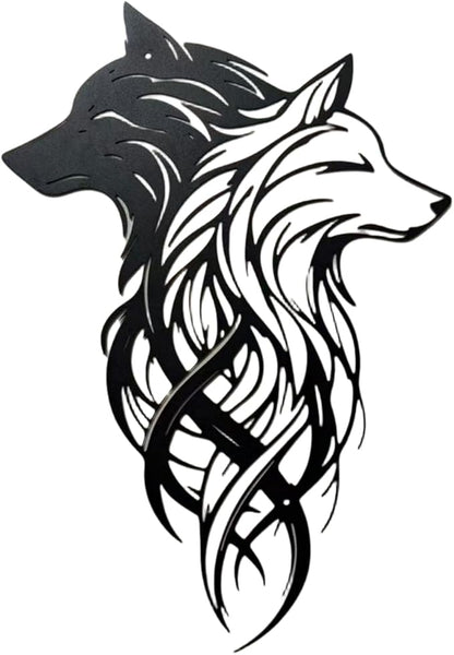 Metal Wolf Wall Art - Yin Yang Black White Dual Wolf Heads Metal Wall Decor, Rustic Home Decor for Cabin Lodge, Office, Living Room, bathroom, Man Cave, 15.7x10.6 Inch, Housewarming Gift for Men