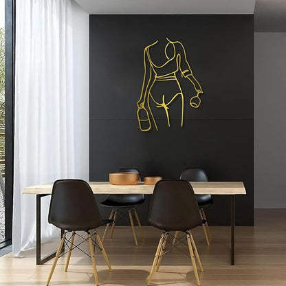 Metal Wall Art Woman Drinking Wine,Gold 30.3"x21.7",Modern Minimalist Abstract Line Sculpture, Feminine Wall Decor for Living Room, Dining Room, Bar, Kitchen, Perfect Wine Lover Birthday Housewarming Gift