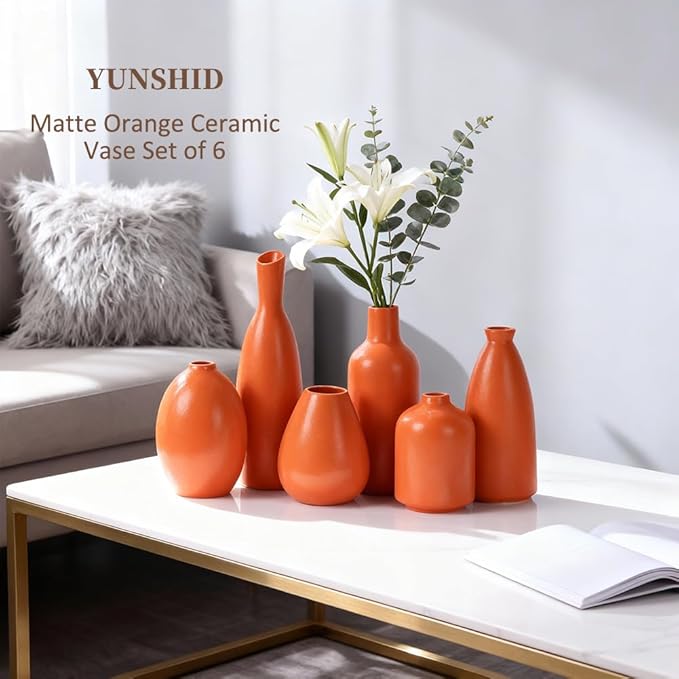 Matte Orange Vase Set of 6 - Bud Vases in Bulk, Modern Minimalist Flower Vases for Home Decor, Ceramic Mantle Vase Set, Rustic & Boho Centerpiece Vases for Entryway Table, Shelf, Living, or Bathroom