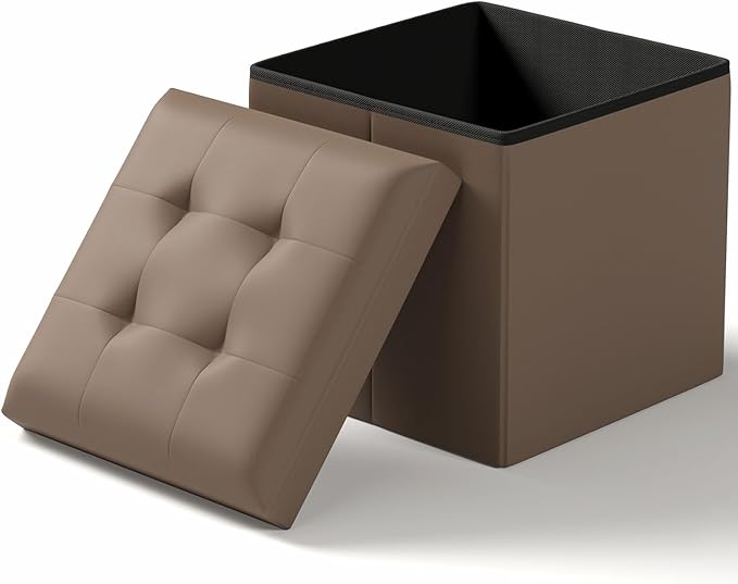 Folding Storage Ottoman Bench, Multi-Functional Ottoman Foot Rest, End of Bed Bench, Storage Chest for Living Room, Bedroom, Hallway, Entryway, Holds Up to 300 lbs (Brown, 15 Inches)