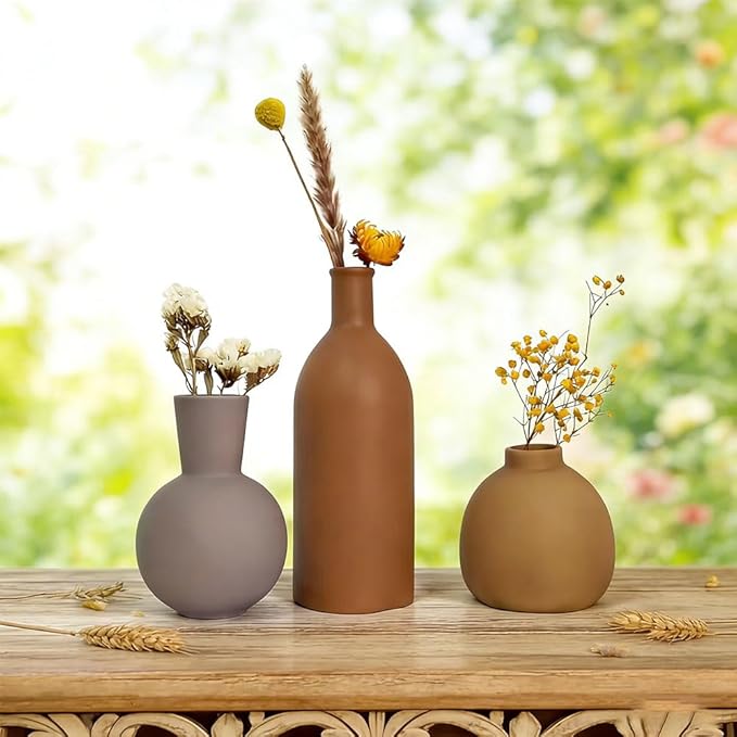 Ceramic Vase Set of 3 - Small Modern Minimalist Ceramic Bud Vases for Home Decor - Boho Aesthetic Flower Vases for Desk, Shelf & Table, Mantle, Bookshelf (Cute & Versatile) (Brown Mix)