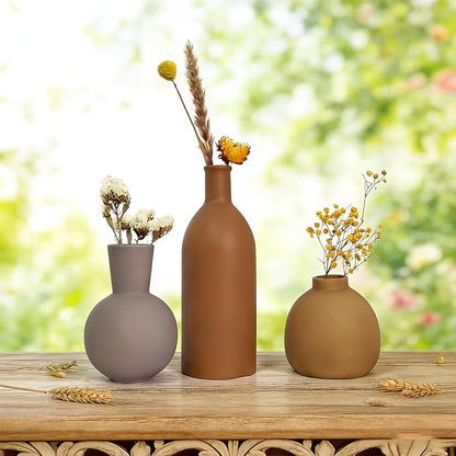 Ceramic Vase Set of 3 - Small Modern Minimalist Ceramic Bud Vases for Home Decor - Boho Aesthetic Flower Vases for Desk, Shelf & Table, Mantle, Bookshelf (Cute & Versatile) (Brown Mix)