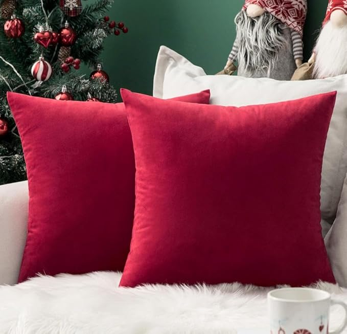 MIULEE 24x24 Inch Euro Sham Velvet Pillow Covers, Set of 2 Large Square Christmas Decorative Pillows -Red Super Soft for King Bed, Sofa, Couch, Accent Chairs
