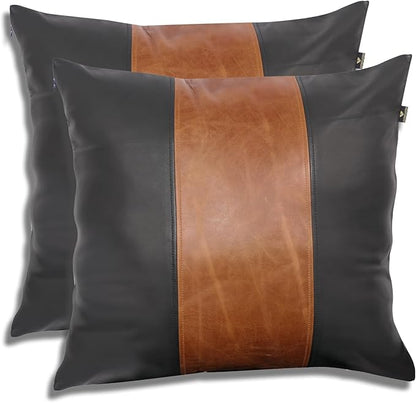LL LEATHER LOVERS Lambskin Leather Pillow Cover - Sofa Cushion Case - Decorative Throw Covers for Living Room & Bedroom, 16x16 Inches - Black & Tan Crunch Pack of 2