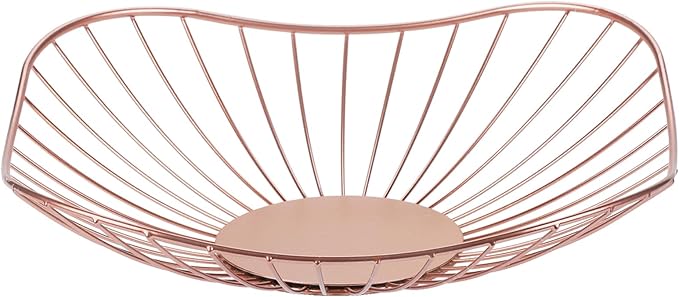 IBWell Short Curved-Edge Modern Creative Stylish Single Tier Dish,Metal Iron Wire Fruit Vegetables Bread Decorative Stand Serving Bowls Basket Holder (Square Dish) (Pink)