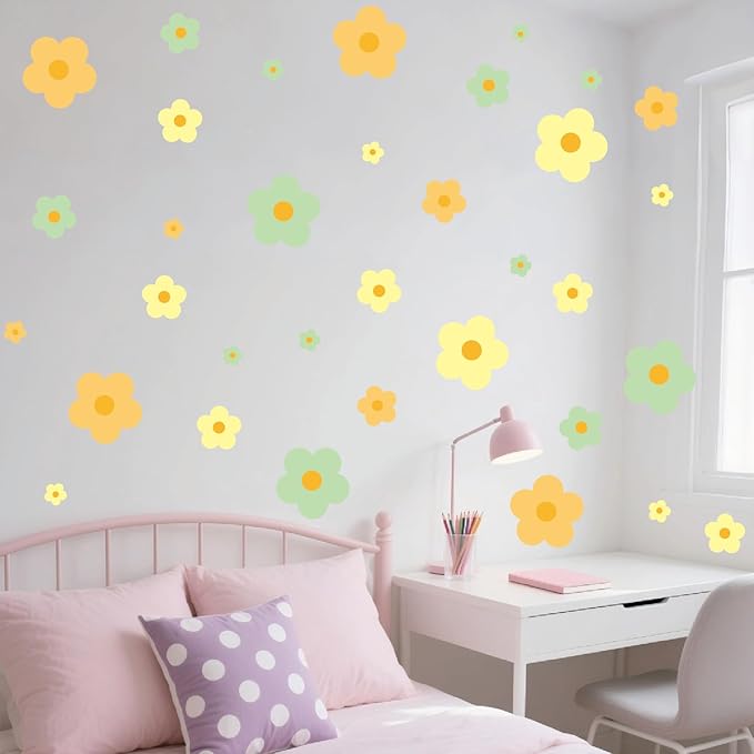 81 Pieces Wall Decal Flower Stickers - Removable Peel & Stick Wall Decals for Kids' Girls Room Decor(Orange, Yellow, Green)