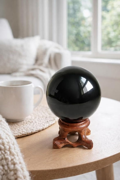 Mina Heal Black Obsidian Crystal Ball for Meditation, Feng Shui, Crystal Healing, and Scrying – Authentic Natural Obsidian Sphere for Energy Work