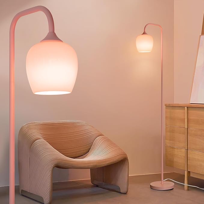 ONEWISH Pink Floor Lamp-Modern Standing Lamp for Living Room Bedroom, Glass Lamp Shade, LED Bulb Included, Cute Simple Design, for Girls Women
