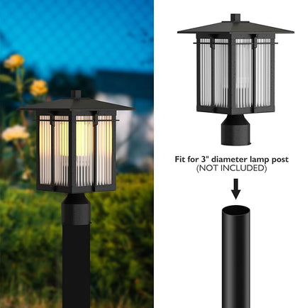Modern Outdoor Post Light, Aluminum Lamp Post Light Fixture with Ribbed Glass, Soptted Black Outside Pole Lighting with 3-Inch Pier Mount Base for Yard Porch Pathway (14.2''H, 1 pc)