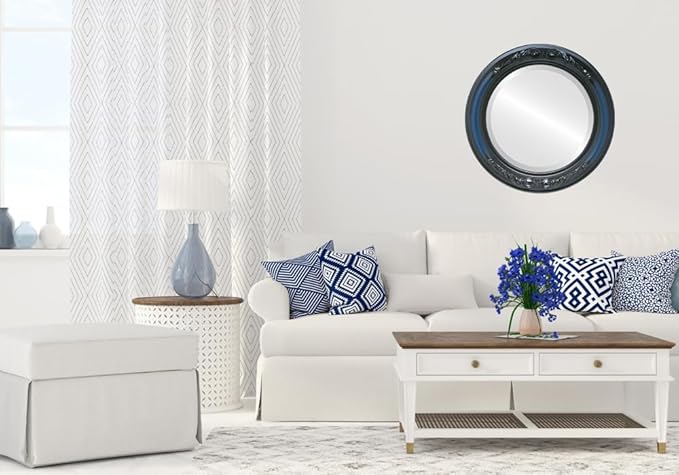 OVALCREST Round Beveled Wall Mirror for Home Decor - Florence Style - Royal Blue - 34x34 Outside Dimensions
