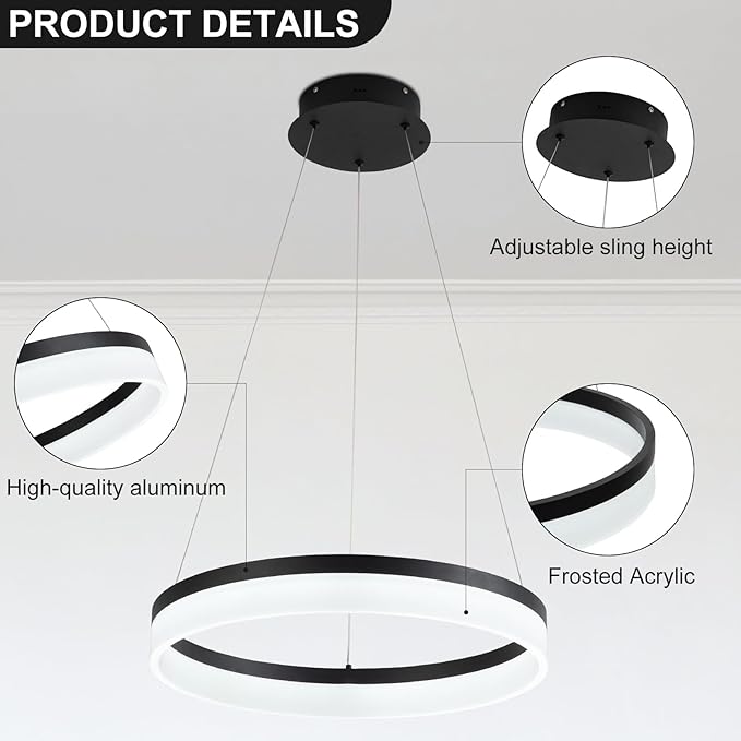 Buccleuch Modern LED Chandelier - Dimmable 19.7" Black Round Pendant Light, Height Adjustable UL-Certified Ceiling Light for Dining Room, Kitchen Island, Living Room, Bedroom, Foyer