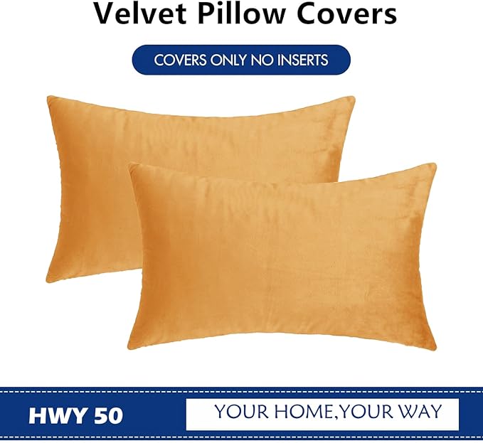 HWY 50 Orange Velvet Rectangular Throw Pillow Covers 12x20 Inch, Pack of 2 Soft Cozy Solid Decorative Fall Luxury Cushion Cases for Couch Sofa Bed Living Room Bedroom