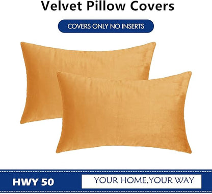 HWY 50 Orange Velvet Rectangular Throw Pillow Covers 12x20 Inch, Pack of 2 Soft Cozy Solid Decorative Fall Luxury Cushion Cases for Couch Sofa Bed Living Room Bedroom