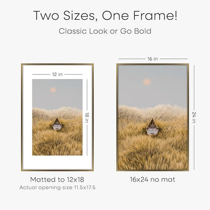 Homeforia 16 x 24 Bronze Frame, High End Metal 16x24 Brass Picture Frames with Mat 12x18 Photo, 16 x 24 Poster Frames Matted to 12 by 18 Print, 24x16 Hanging Frames, Tempered Glass, Wall Kit, Set of 2