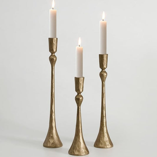 Vintage Cast Iron Taper Candle Holder - Set of 3 Decorative Candle Stand, Candlestick Holder for Wedding, Dinning, Party (Antique Brass)