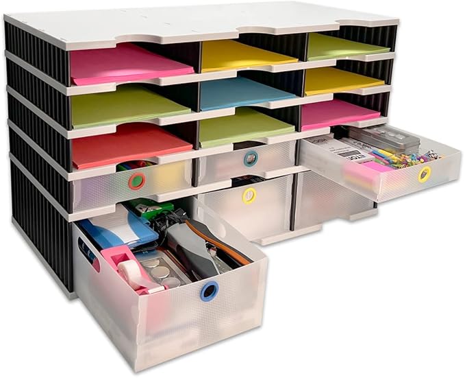 Desktop Organizer 12 Letter Tray Sorter PLUS Riser Base, 3 Supply & 3 Storage Drawers - TierDrop PLUS Keeps All of Your Documents & Supplies in Clear View & Within Arm's Reach Using Minimal Desk Space