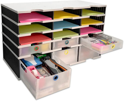Desktop Organizer 12 Letter Tray Sorter PLUS Riser Base, 3 Supply & 3 Storage Drawers - TierDrop PLUS Keeps All of Your Documents & Supplies in Clear View & Within Arm's Reach Using Minimal Desk Space