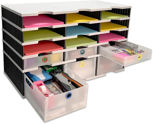Desktop Organizer 12 Letter Tray Sorter PLUS Riser Base, 3 Supply & 3 Storage Drawers - TierDrop PLUS Keeps All of Your Documents & Supplies in Clear View & Within Arm's Reach Using Minimal Desk Space