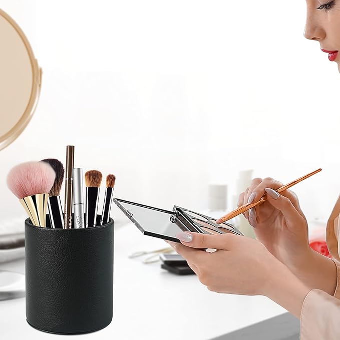 PU Leather Pencil Pen Holder Cup Stand,Desk Accessories Holder,Makeup Brush Storage Organizer,Desktop Stationery Organizer for Office School Home Supplies (Black)
