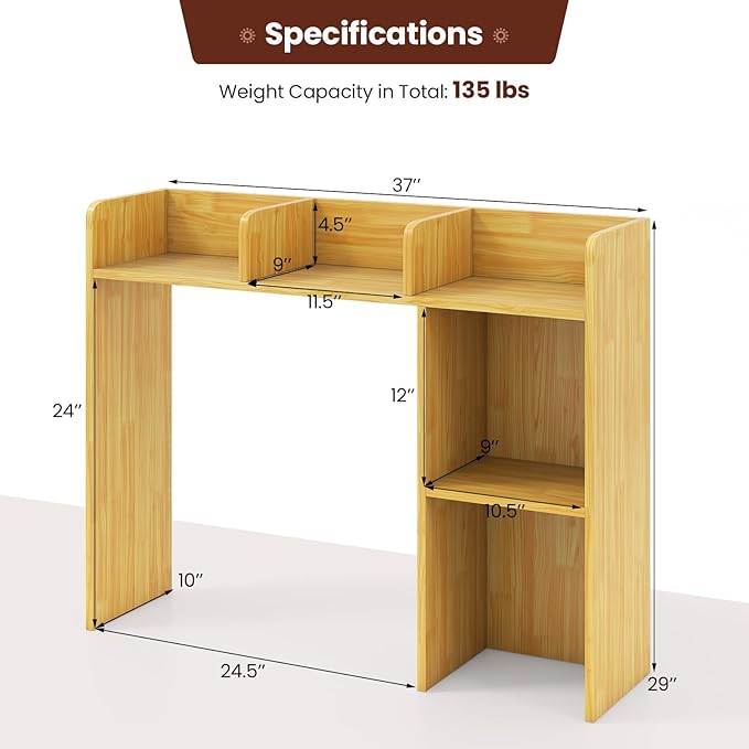 Desktop Bookshelf, 3-Tier Wood Countertop Bookcase with 5 Shelves, Desk Hutch for College Dorm, Multipurpose Desk Organizer Shelf Display Rack for Home Office, Hutch Top Only