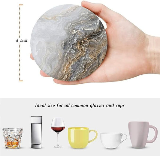 6Pcs Drink Coasters with Holder, Gray and Beige Marble Pattern Absorbent Ceramic Drink Coaster with Cork Base, Home Bar Table & Office Decor House Warming Gift