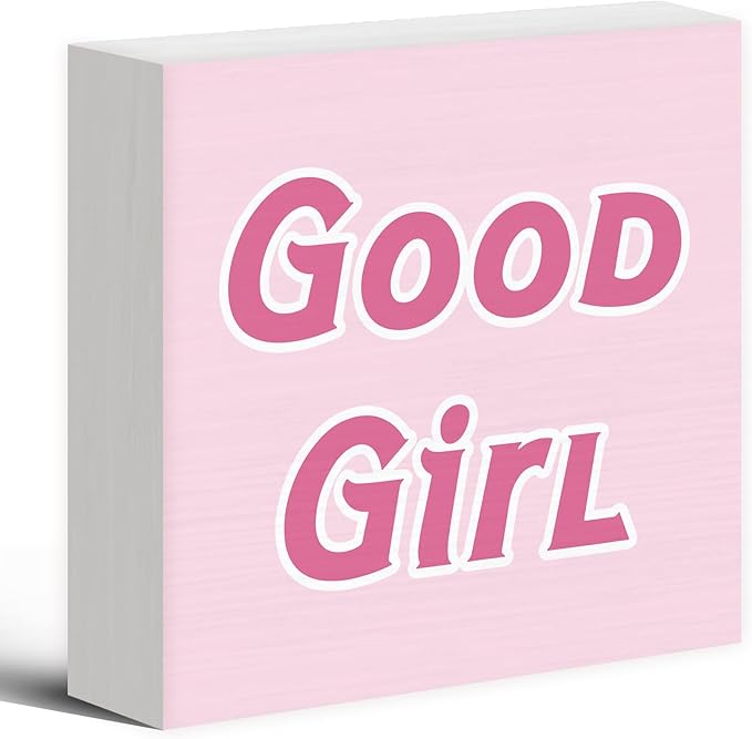 Trendy Coquette Wood Box Sign Desk Decor, Girly Pink Preppy Decor, Good Girl Wooden Block Sign Decorations for Home College Apartment Teen Girl Room Bedroom Living Wall Tabletop Shelf Decor
